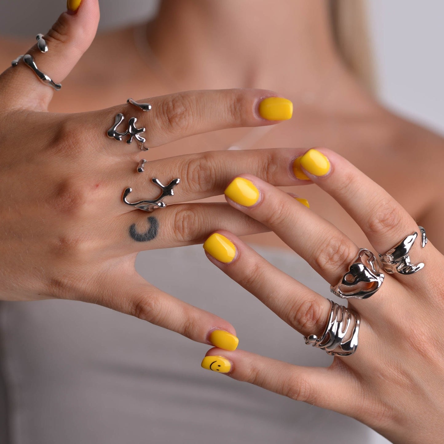 Asymmetrical Chunky Silver Ring Set