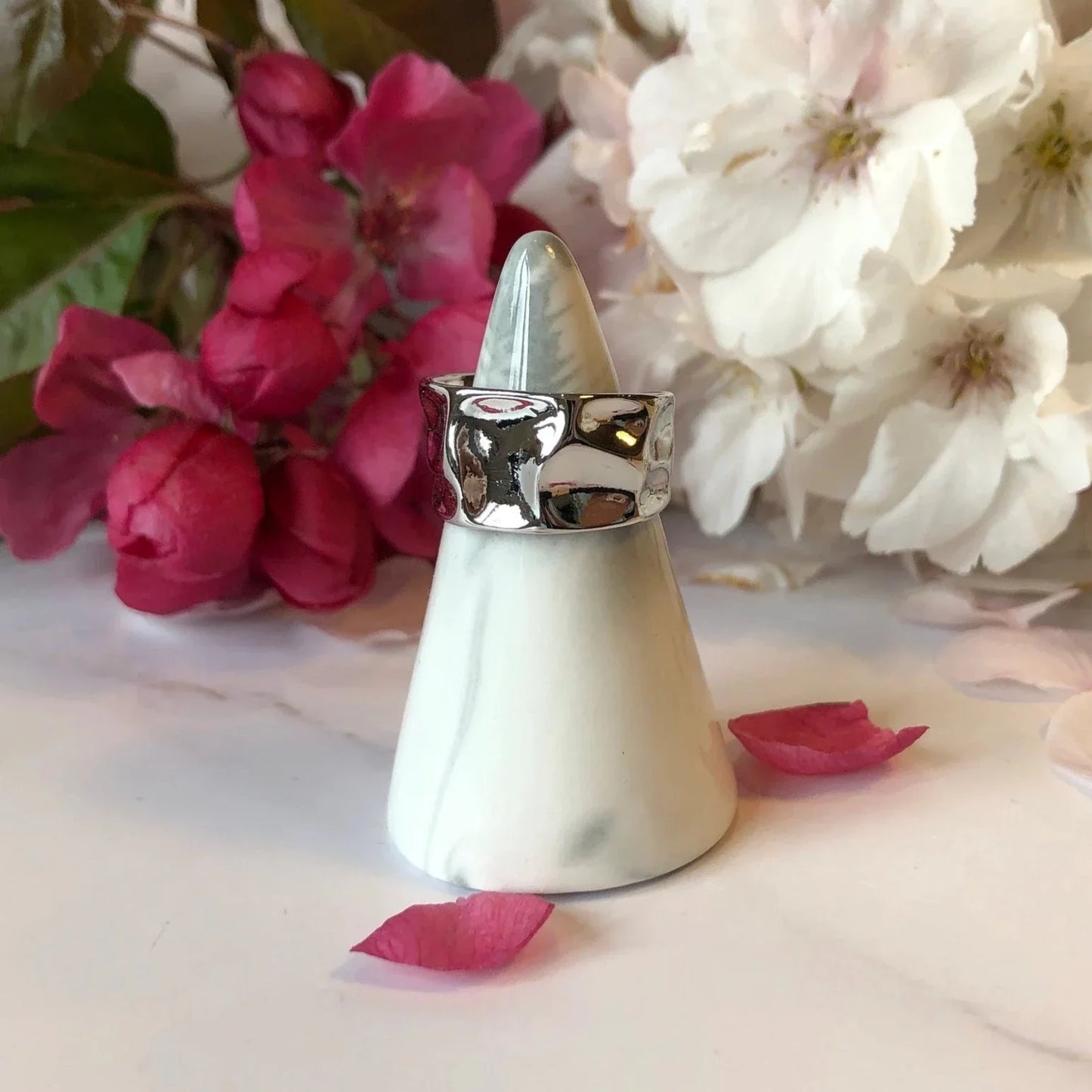 Hammered Liquid Metal Texture Silver Ring