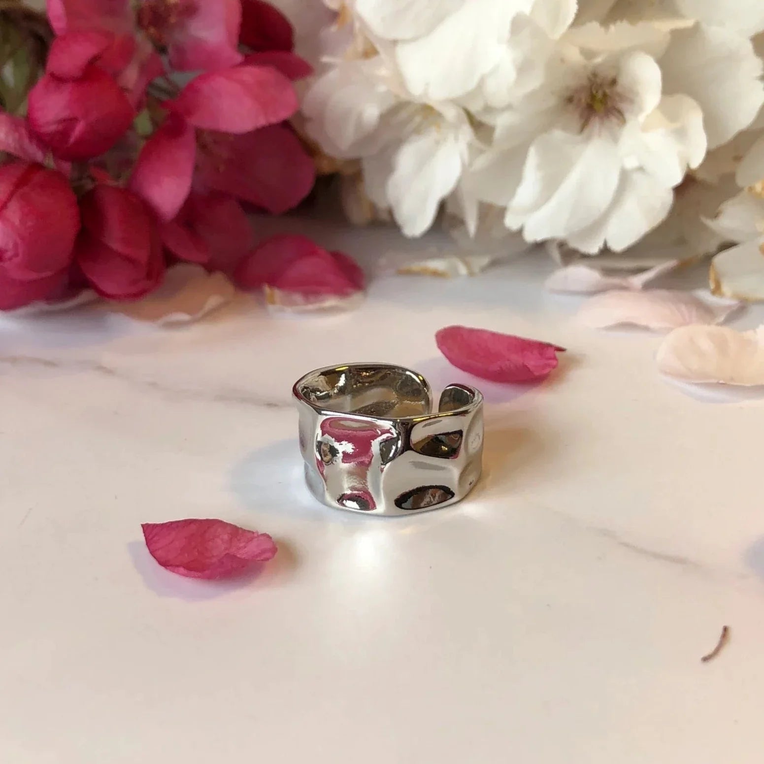 Hammered Liquid Metal Texture Silver Ring