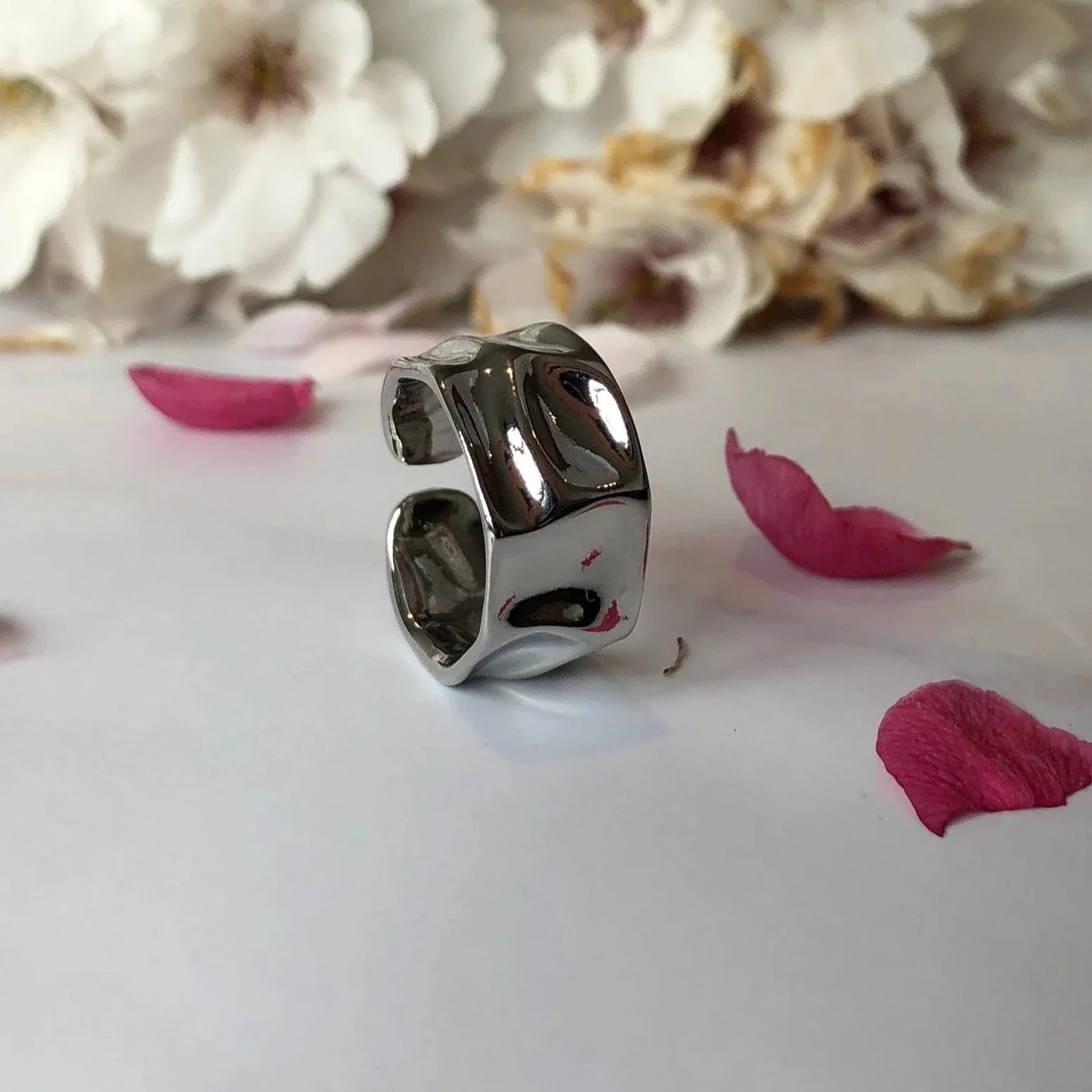 Hammered Liquid Metal Texture Silver Ring