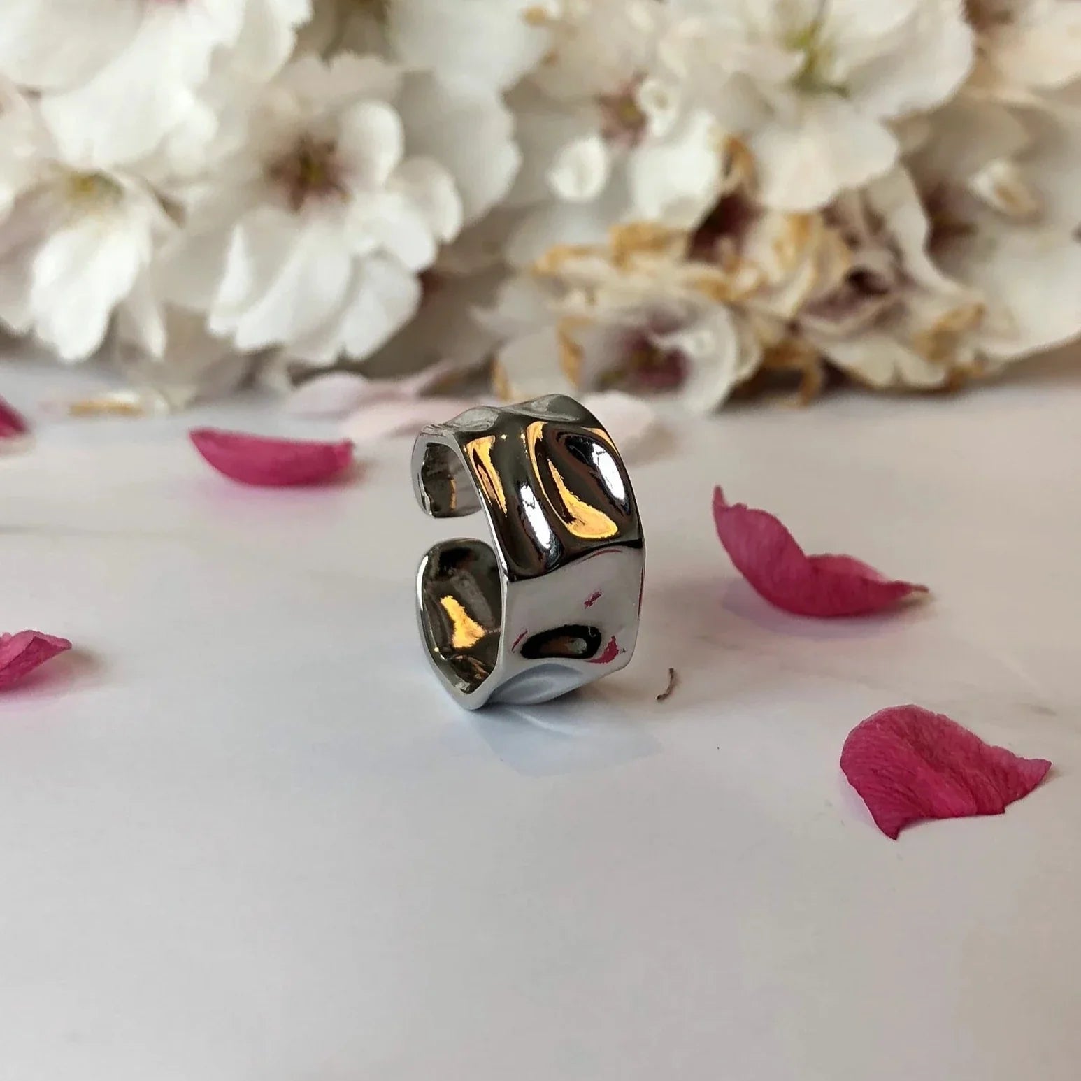 Hammered Liquid Metal Texture Silver Ring